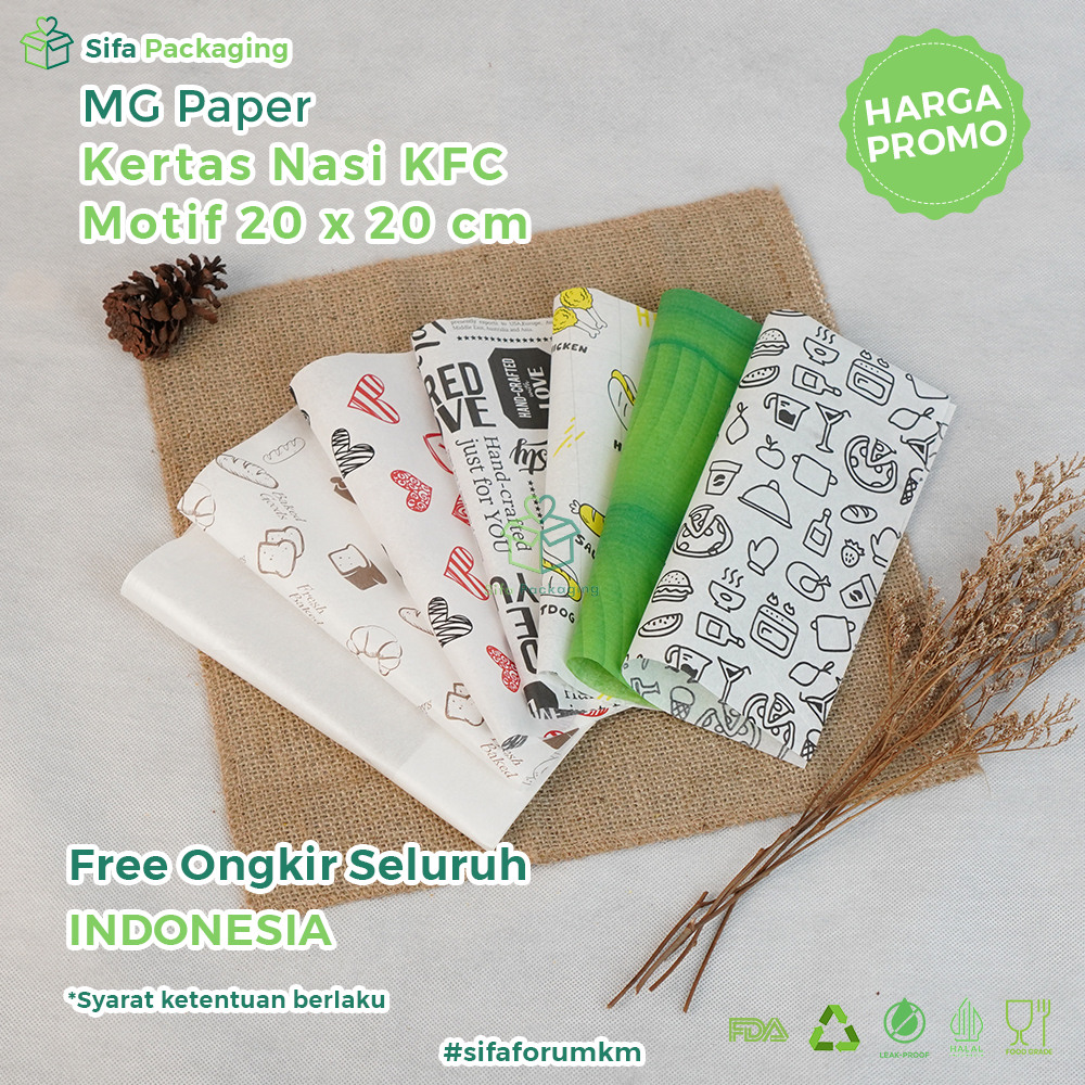 Kertas Nasi Motif 20x20 Paper Wrap Isi 100 Pcs Printing Laminasi Kertas Nasi KFC MG Paper Laminasi