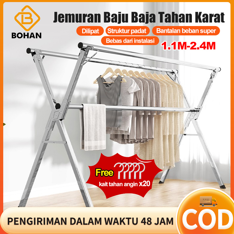 ]Gratis 20 gesper tahan angin]Bohan Tidak Instalasi Jemuran Baju Lipat Stainless Steel Jemuran