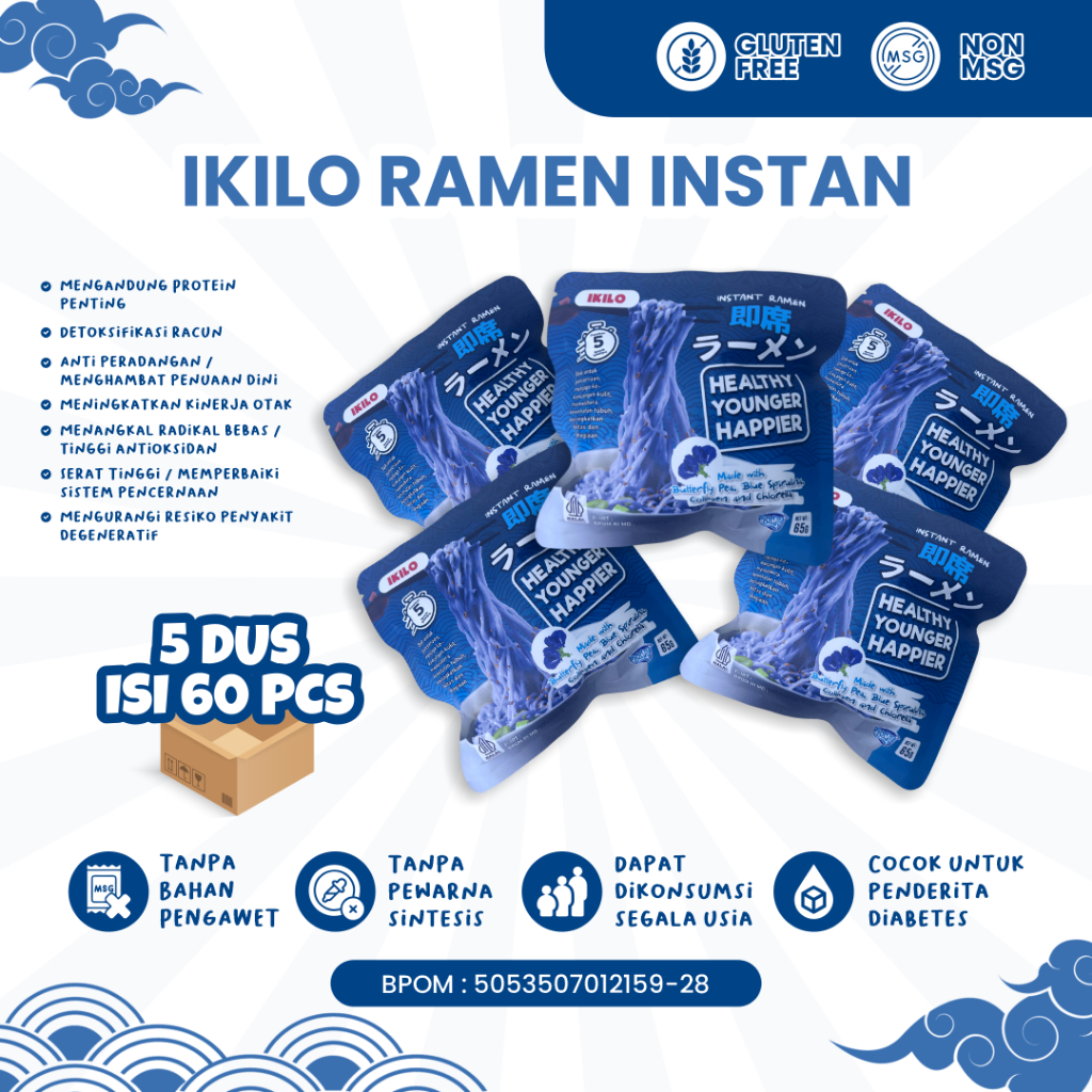 

IKILO Instan Ramen spirulina 5 Dus Isi 60 Pc Ramen Sehat Non MSG Gluteen Free BPOM Halal