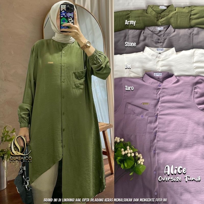 Alice Long Tunik Oversize Polos Putih Lilac Crinkle Airflow Busui Kancing By Olala