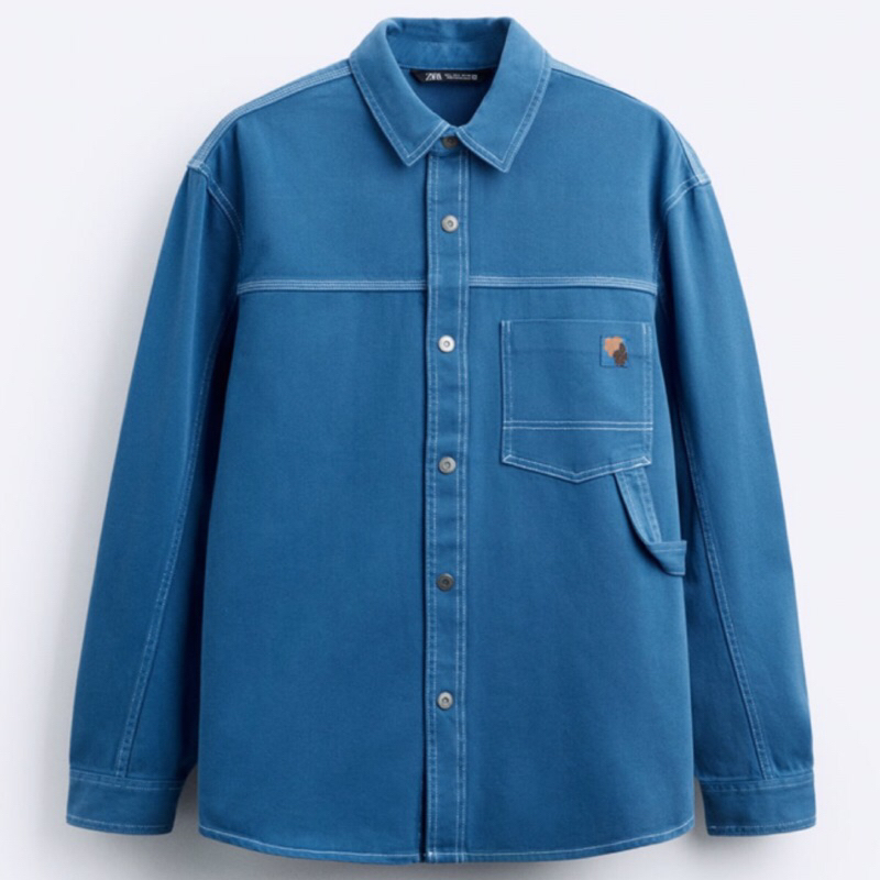ZARA Men Overshirt With Embroidered Pocket Jaket Kemeja Blue