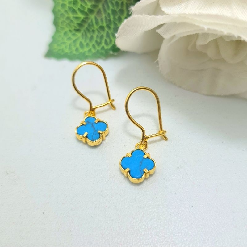 Anting Kait Bandul Clover Batu Biru Emas Muda