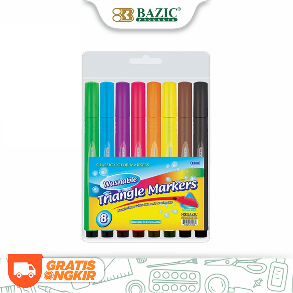 

Bazic 8 Color Jumbo Triangle Washable Markers - Spidol Jumbo 8 Warna