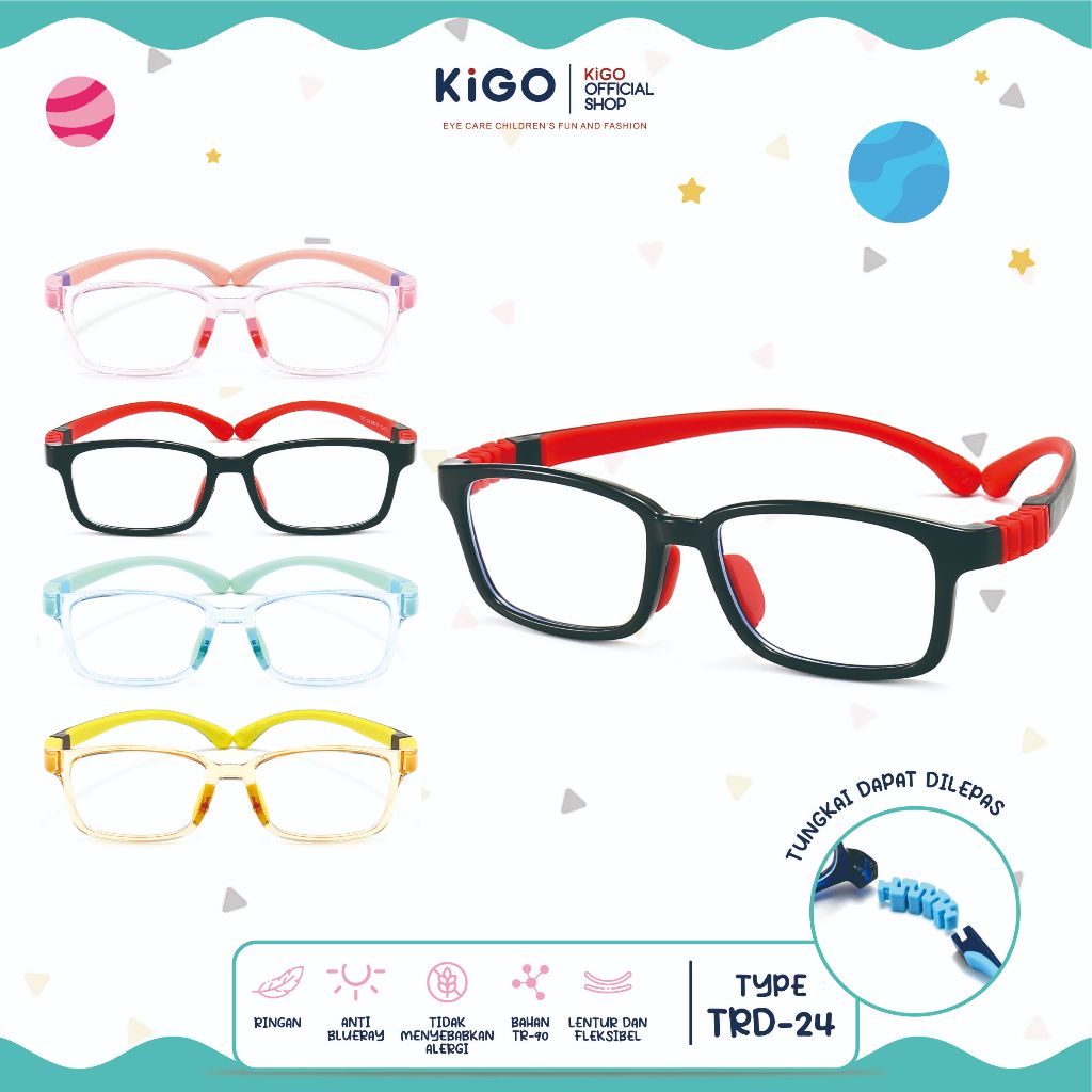 Kigo Kacamata Anak Belajar Tv Komputer Kotak TR-90 Anti Radiasi Blueray Photocromic Fashion Anak Tre