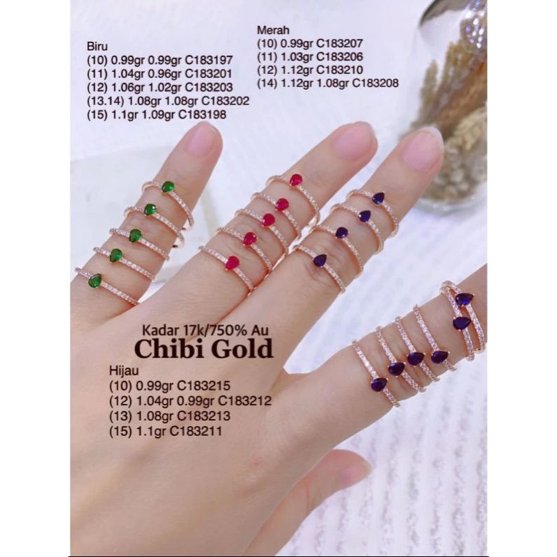 CINCIN ITALY AU mata  MERAH BIRU HIJAU CINCIN EMAS 750 KADAR C183207 - chibi gold