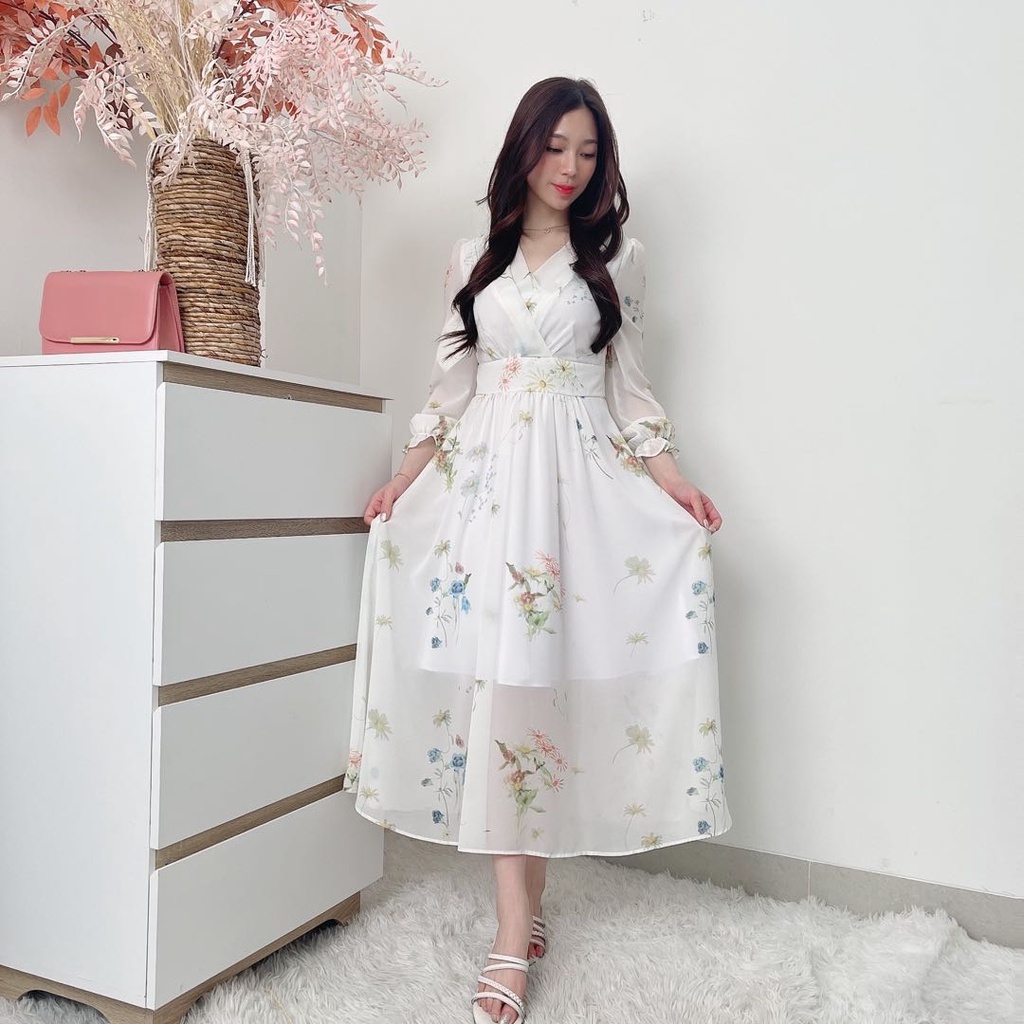 Dress Putih Bunga| White Long Dress | Dress Floral Korea | Dress Lengan Panjang | Original By Fadfad | Casual Style | Dress Chiffon | Terbaru Dress Summer | Dress Wanita Korean Style | Elegant Pantai Dress