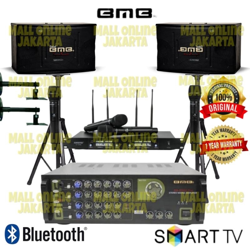 Paket karaoke bmb 10 inch power ampli bmb bluetooth 4 mic wireless