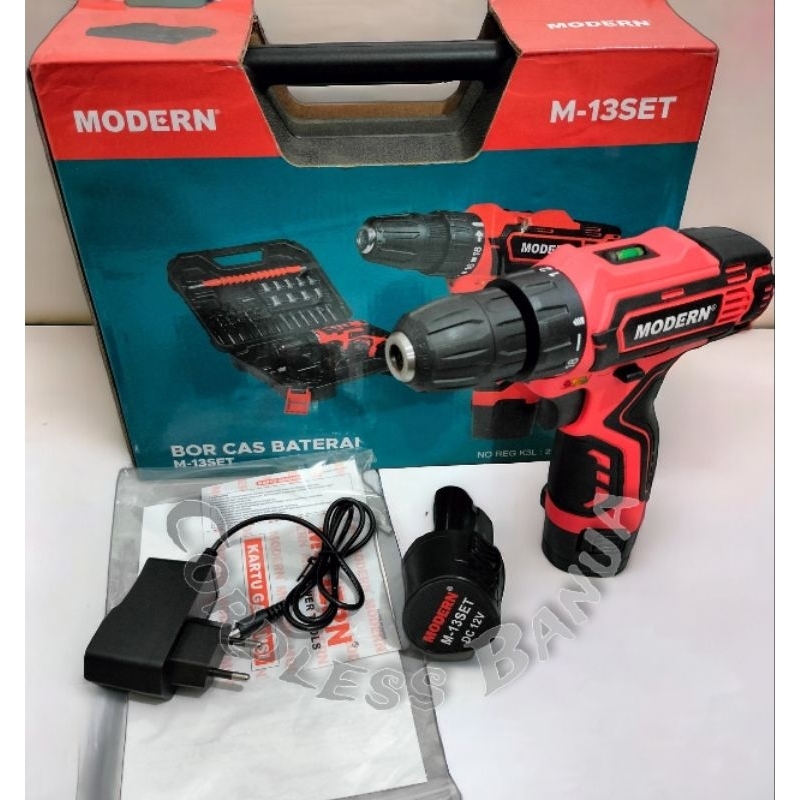 MESIN BOR CORDLESS MODERN M-13 SET ||MESIN BOR CES/TENAGA BATERAI 12VOLT 10MM