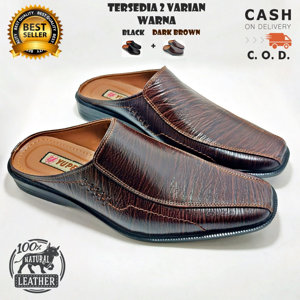 Sepatu Sandal Slop Pria Kulit Sapi Asli Tekstur Serat Kayu Bustong Ready Size Jumbo