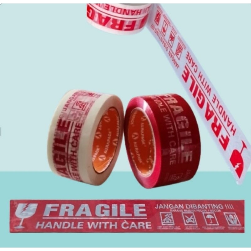 

Lakban Fragile Merah / Putih Handle With Care 100 Mtr Jangan Di Banting AURA PACK