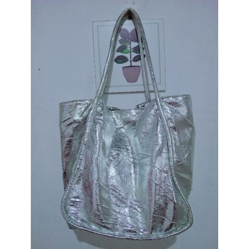 preloved Tote sisley silver Metalic women | tas Tote wanita unik silver