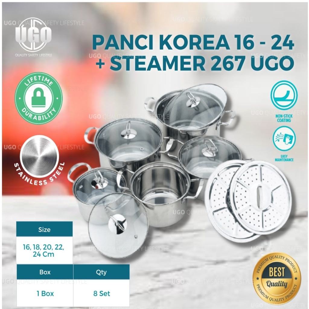 UGO Panci Set Korea 5pcs | Panci soup sop sup Stainless | Panci Kukus | Dandang Tebal | Langseng | P