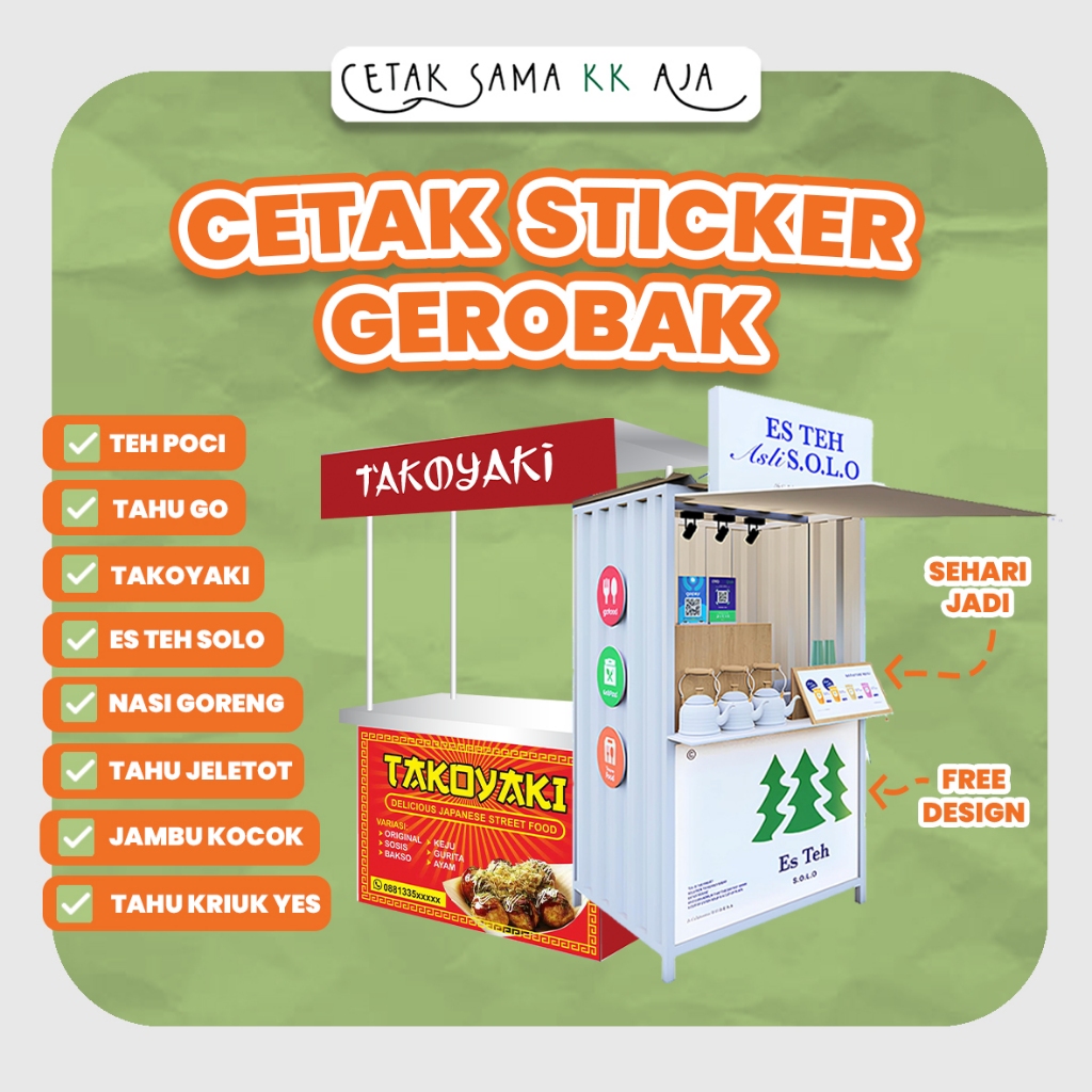 

CETAK STIKER GEROBAK STICKER GEROBAK ES TEH SOLO TAKOYAKI ES TEH DIENG TAHU GORENG CREPES SEMUA GEROBAK BISA