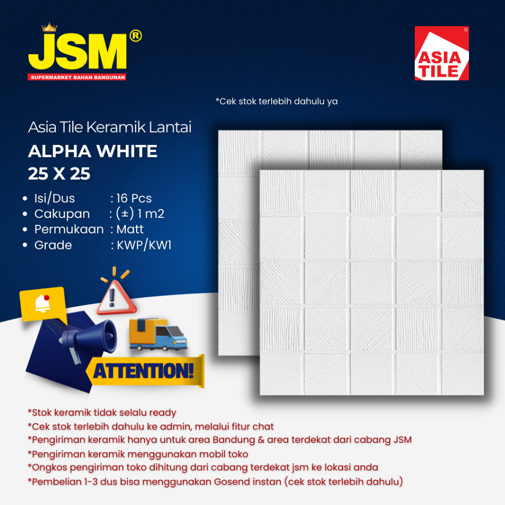 Asia Tile Keramik Lantai Kamar Mandi Alpha White Matt 25x25 - JSM Supermarket Bahan Bangunan