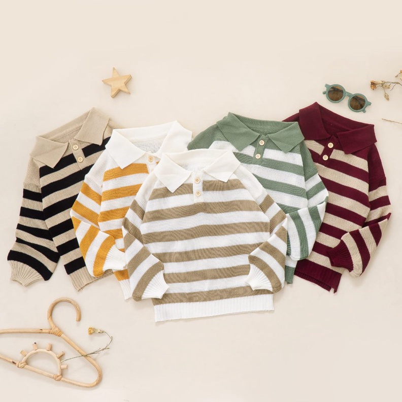 12.12 HARGA GROSIR STRIPES POLO KNIT ANAK 1-5 TAHUN UNISEX | Sweater rajut anak cewek cowok Knit pol
