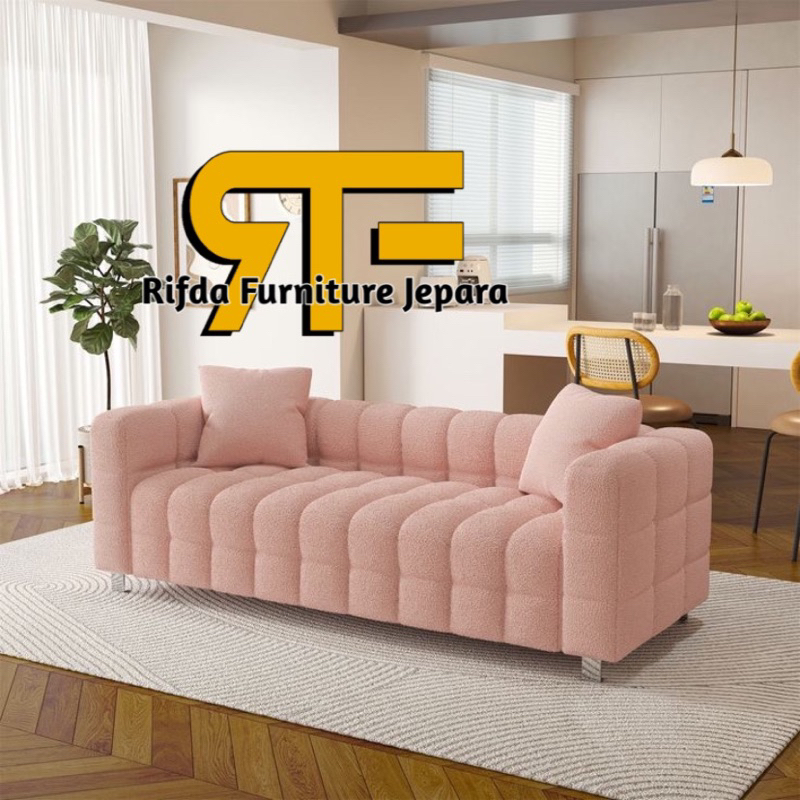 Kursi Tamu Sofa Cube Velvet Soft Pink ( Sofa Modern, Sofa Kekinian, Sofa Terbaru )