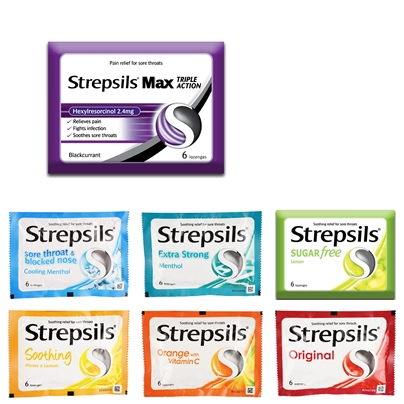 

Strepsils Soothing Relief Lozenges Pouch 6s (Max Blackcurrant, Cool Sensation, Extra Strong, Honey & Lemon, Orange, Original, Sugar Free Lemon)