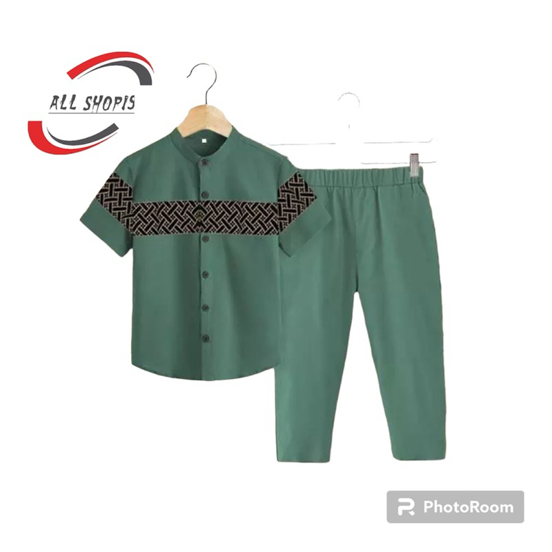 SETELAN BAJU KOKO ANAK LENGAN PENDEK KOMBINASI BATIK TERBARU UMUR 1 SAMPAI 10 TAHUN WARNA MARUN, HIJ