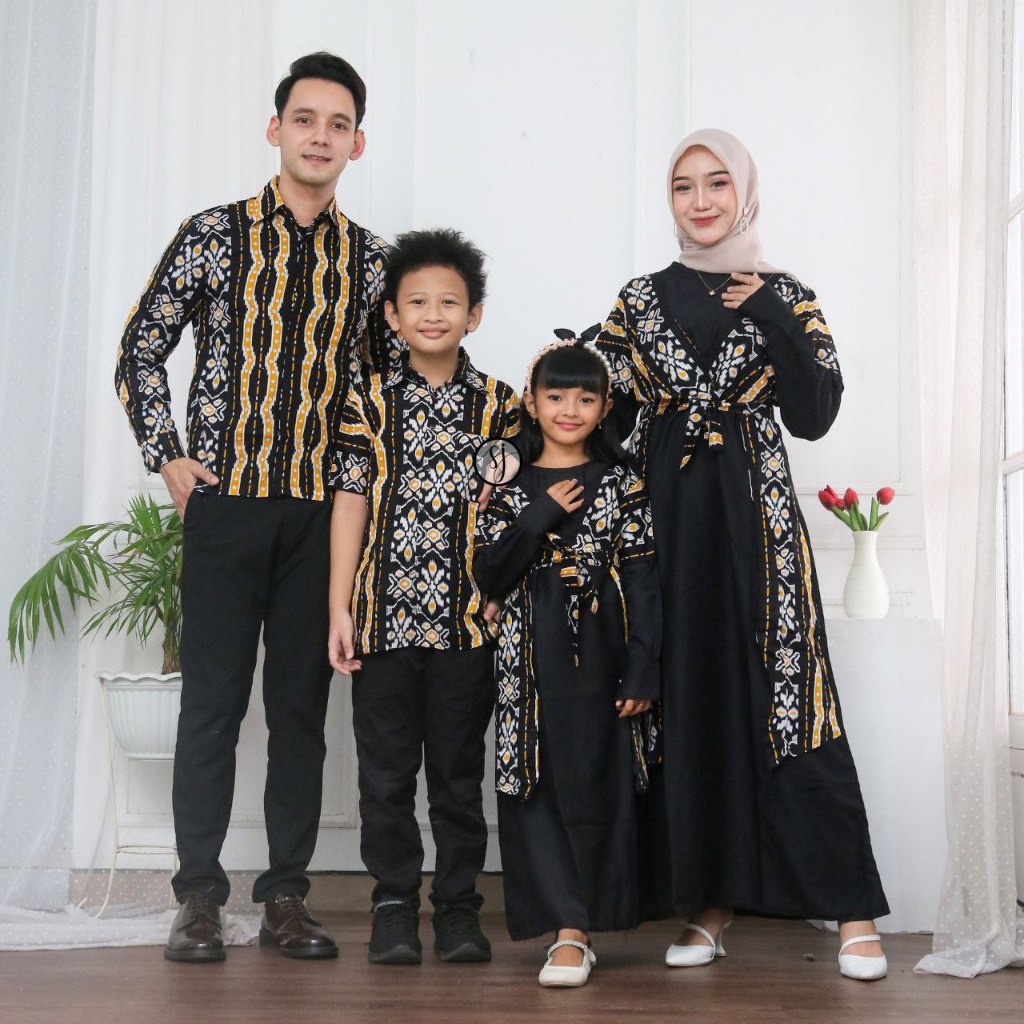 Baju Couple Keluarga Songket Dua Kuning | Sarimbit Batik Gamis Wanita Kapelan Family set Pasangan Te