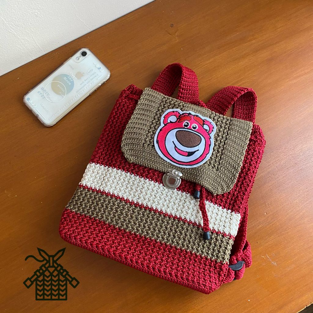 tas gendong anak karakter lotso / ransel lotso rajutan murah / tas ngaji anak laki perempuan
