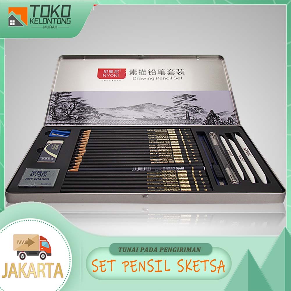 

（COD）Nyoni Sketch Drawing Pensil Case Box Set 29 Pcs/NYONI Sketch drawing pencil / pensil grafit charcoal arang 29 pcs set tin case