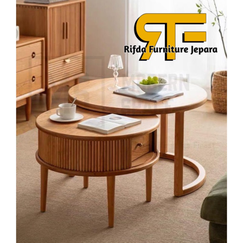 Meja Tamu Jati salur doble pcs - coffe table jati bundar - meja kopi jati - meja bundar jati