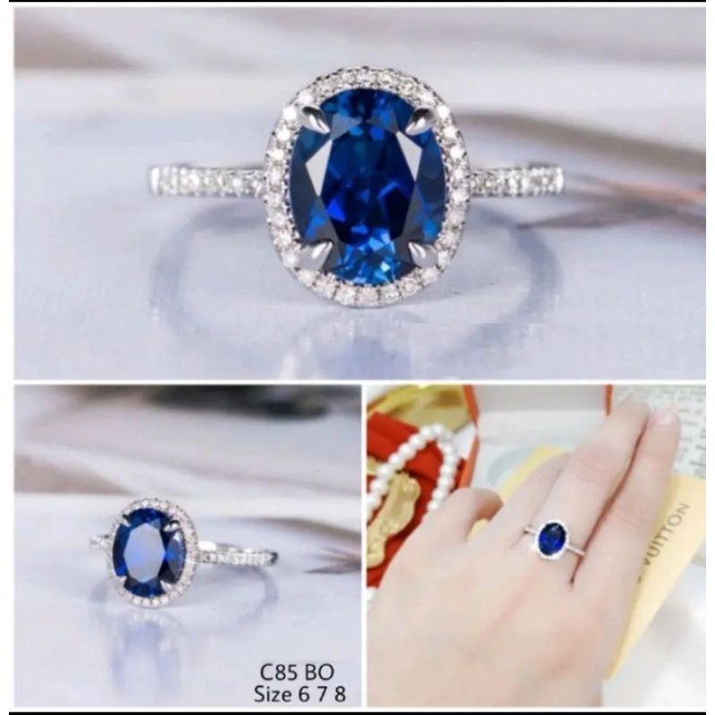 Cincin  perhiasan titanium motif permata warna biru