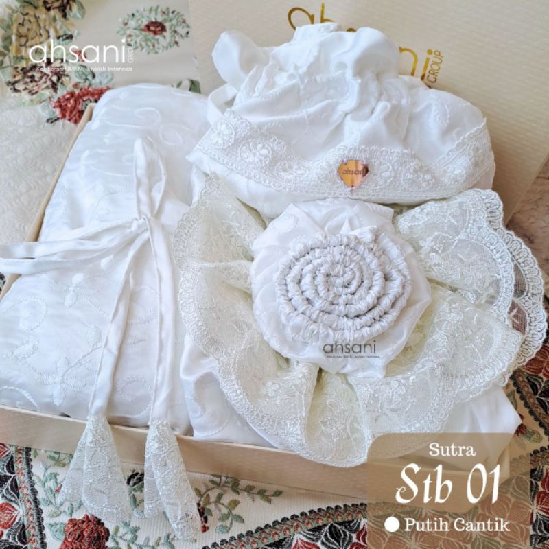 Mukena Ahsani STB01 MUSCARI Rukuh Dewasa Jumbo Putih Bahan Sutra Bordir 3D Renda Tiket Mewah Cocok u