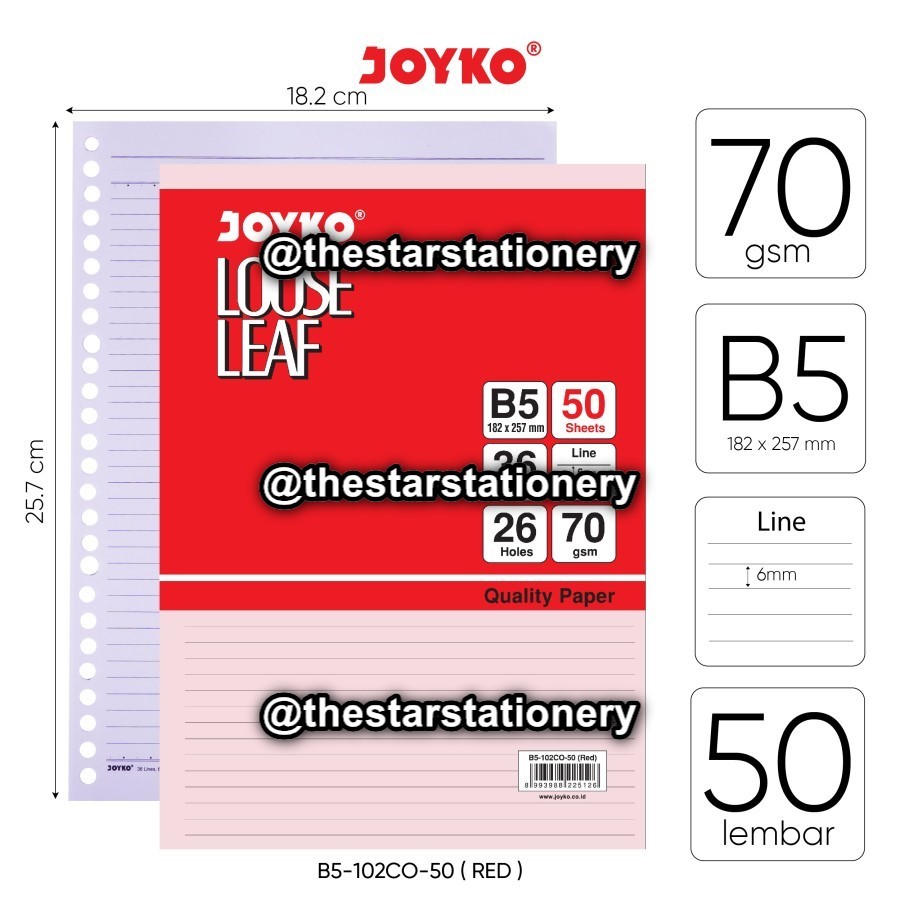 

(1 Pak Isi 50 Lembar) Loose Leaf Joyko B5 50 Lembar Rainbow / Isi Kertas File Binder Joyko B5-102CO-50 / Joyko B5 102CO 50