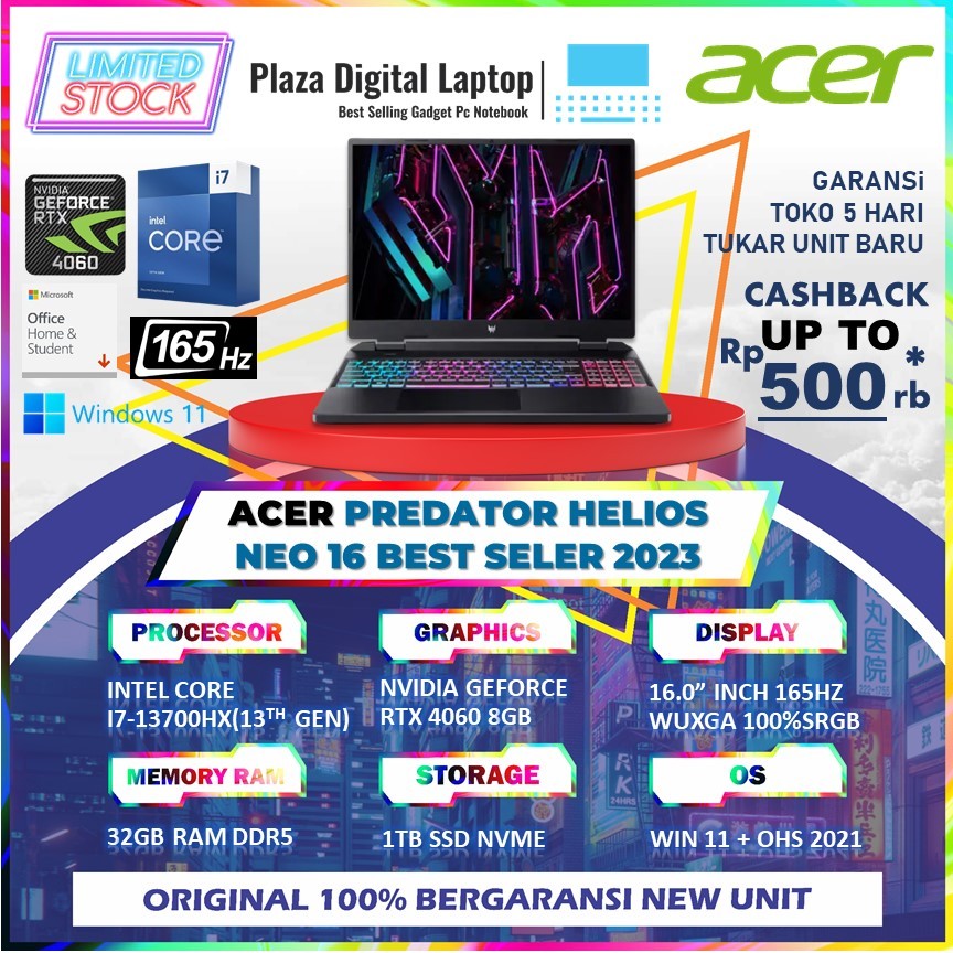 Acer Predator Helios Neo 16 2024 Intel Core i7 gen13-13700HX RTX4060 8gb/ 32gb Ram 1TB SSD W11+OHS 16.0WQXGA 165HZ SRGB100%