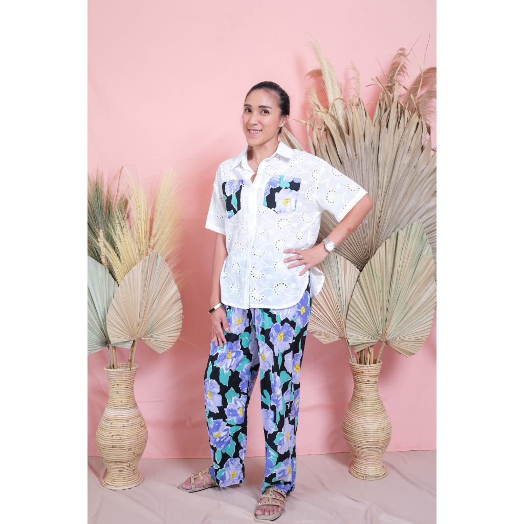 Setelan Brukat Bunga | Setelan One Set Fashion Kekinian Kemeja Wanita Jumbo Lengan Pendek Dengan Cel