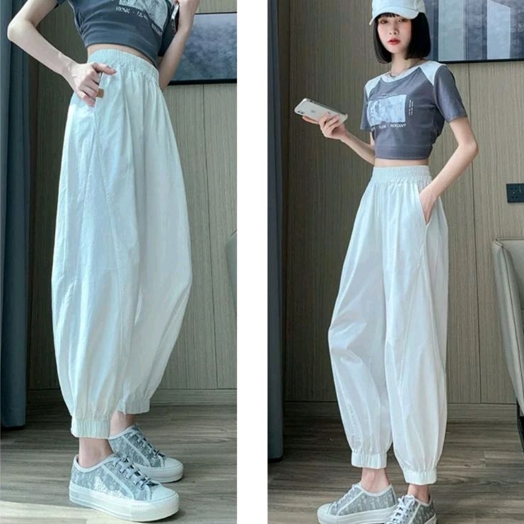 9930 Celana panjang SANDRA LOOSE JOGGER PANTS pinggang karet hitam putih mocca polos Korea Korean st