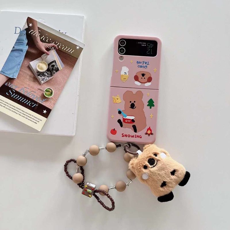 NEW Cute Case Brown Bear Dino Taeng Tree Eat With Chain Samsung Z Flip 6 5 4 3 Lucu ZFLIP6 ZFLIP5 ZF