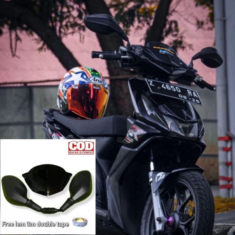 paket visor variasi beat karbu plus kaca spion click hitam pnp beat karbu