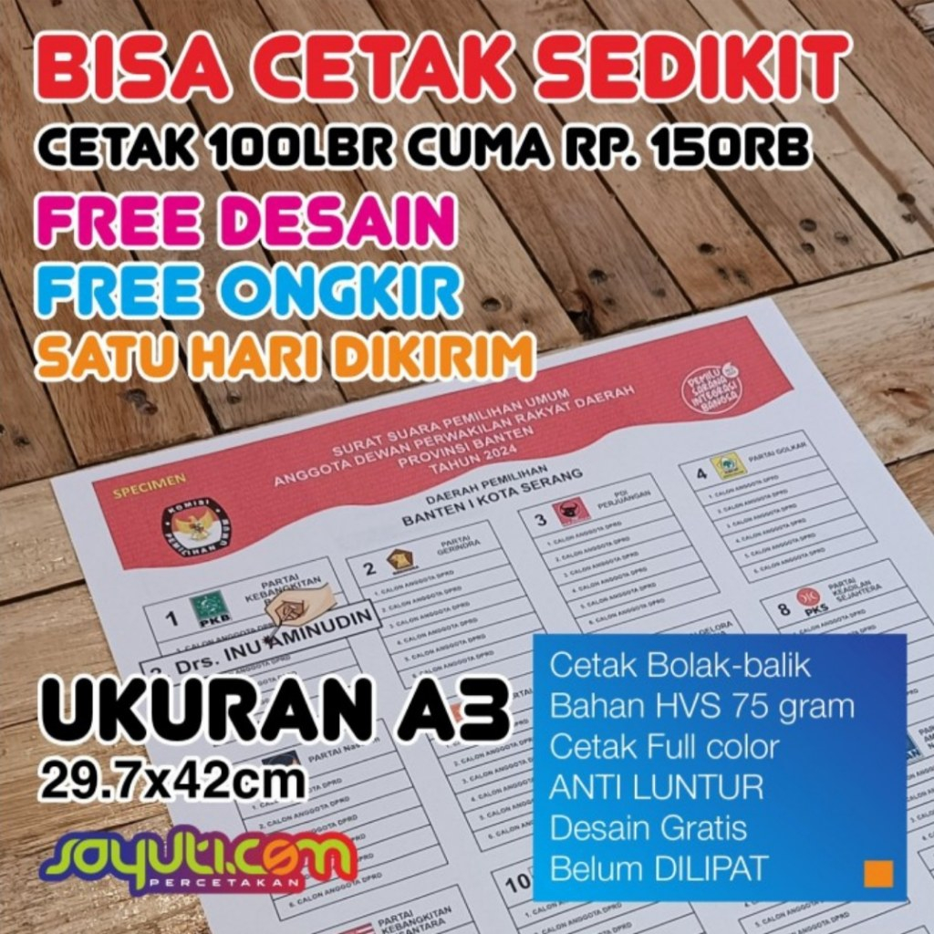 

Cetak Contoh Kertas Surat Suara Pemilu 2024 Termurah 3000 Lembar Ukuran A3