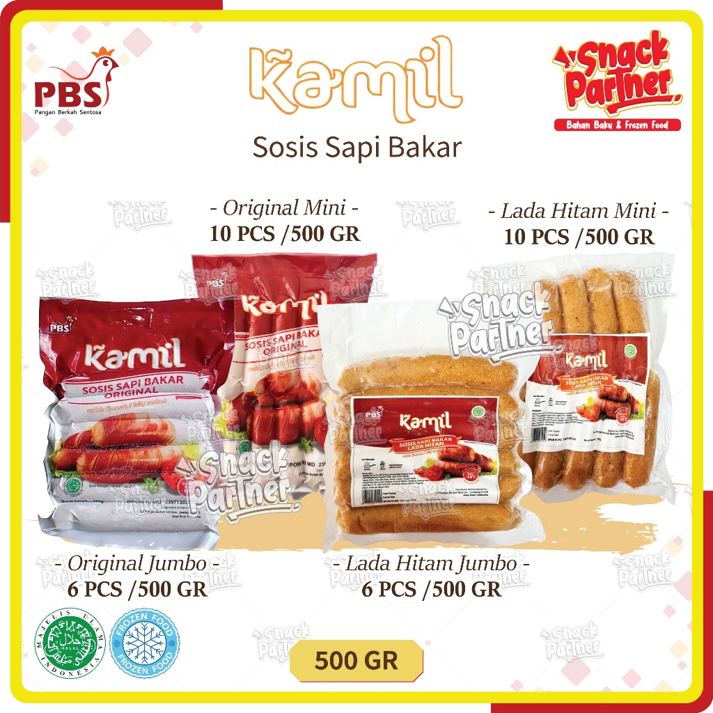 

KAMIL Sosis Sapi Bakar Original & Lada Hitam Jumbo Mini 500 GR / 6 10 pcs - Grilled Beef Sausage Black Pepper - FROZEN FOOD