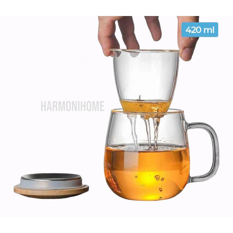 Gelas Teh Saringan|Gelas teh saringan kaca tutup kayu|Gelas infuser