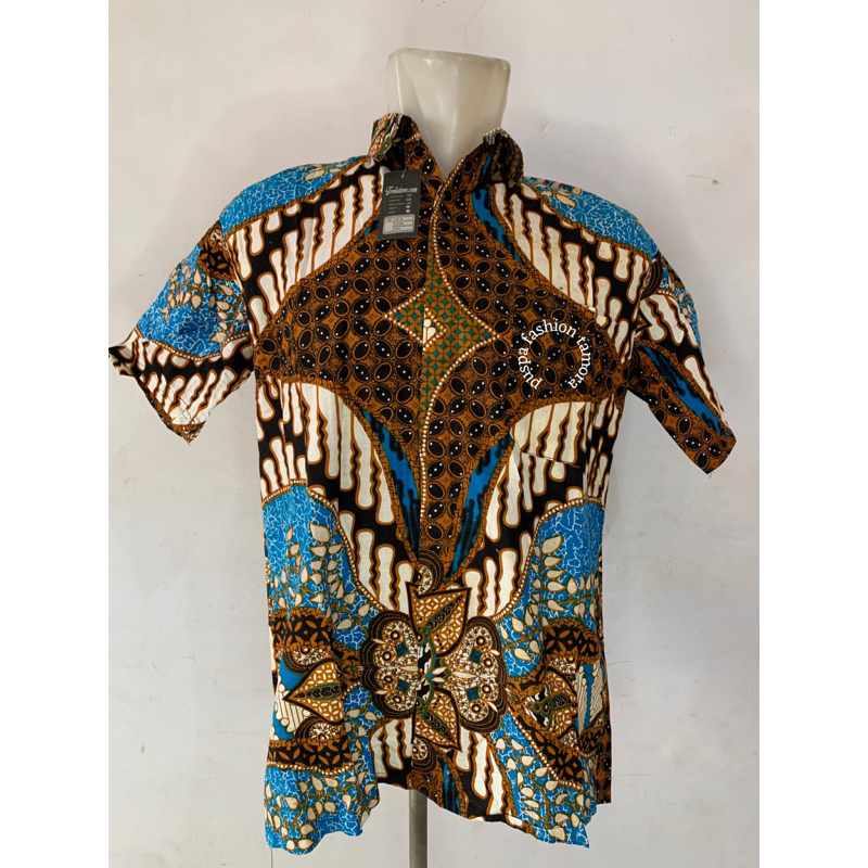 Batik Kemeja Pria Lengan Pendek Motif Salur Biru Batik Pekalongan Ukuran M-XXL