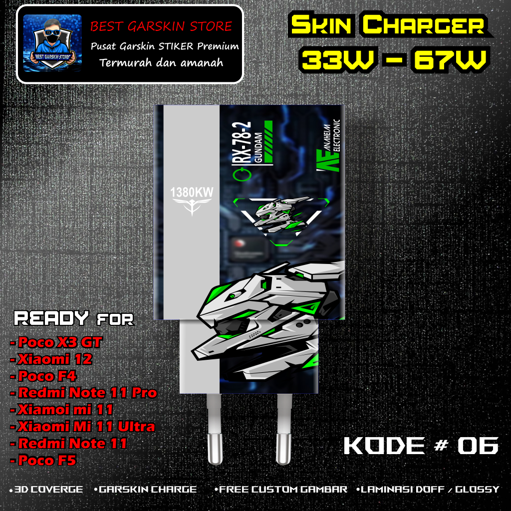 Skin Sticker Charger POCO X3 GT, POCO F4, Poco F5 Kode # 06-10 Motif Bisa Custom 
