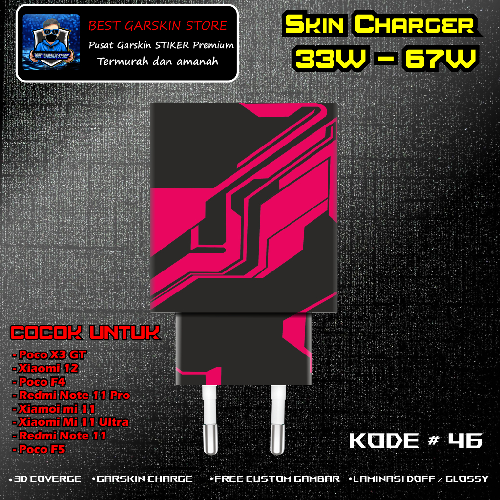 Skin Sticker Charger POCO X3 GT, POCO F4, Poco F5 Kode # 46-50 Motif Bisa Custom 