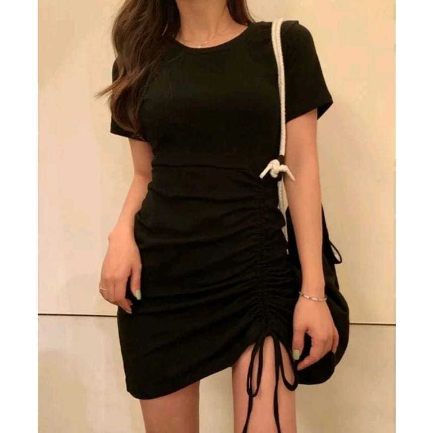 Mini Dress Bodycon Serut 1 Lengan Pendek Wanita Korea Hitam / BODYCON DRESS/CHIKA DRESS SERUT