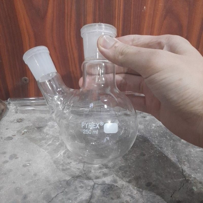 labu didih 2 leher, boilling flask 2neck 250ml pyrex