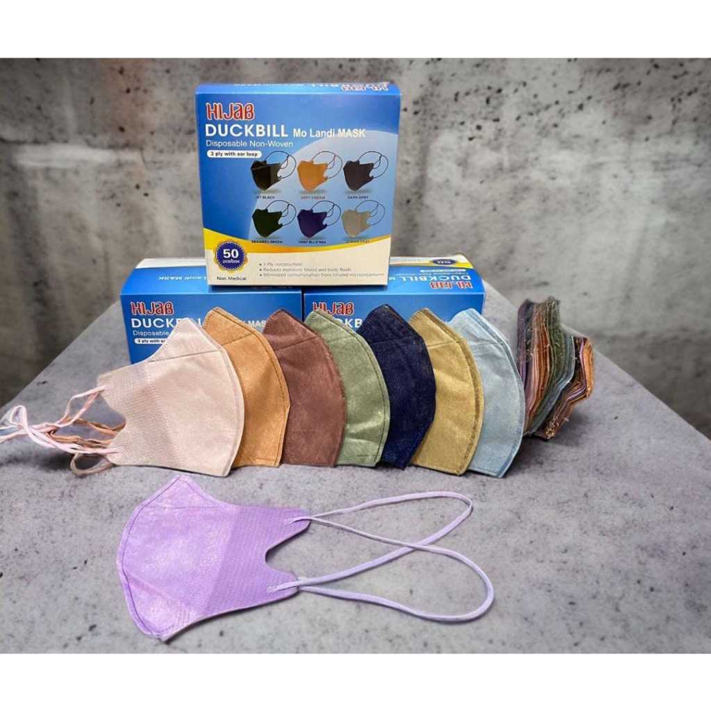 Masker Duckbill Hijab Headloop Hitam Putih Warna warni  Nude Mix Pastel Isi 50 pcs per box