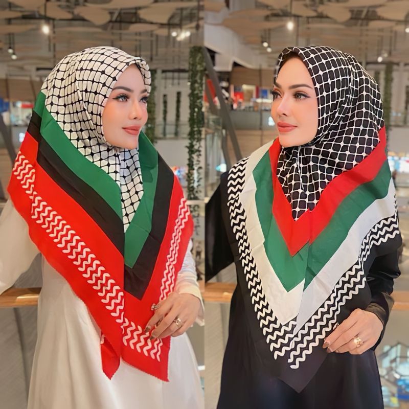 BOSS.hijab// jilbab voal segi4 motif PALESTIN/ DENAY / VZ kw  lasercut printing premium ukuran 110x1