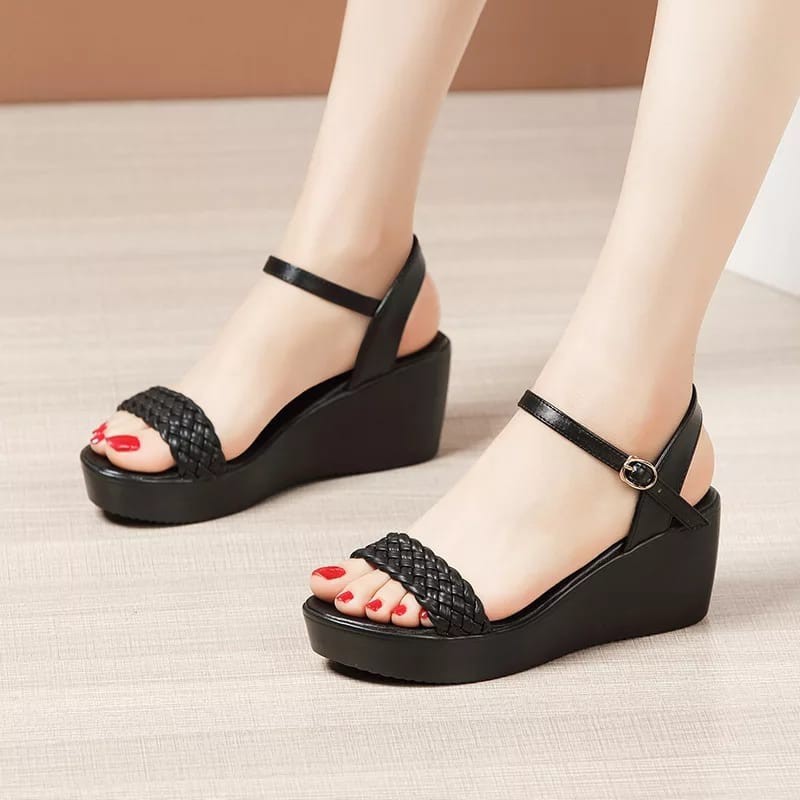 Sandal wedges wanita kepang tali belakang tinggi 7cm
