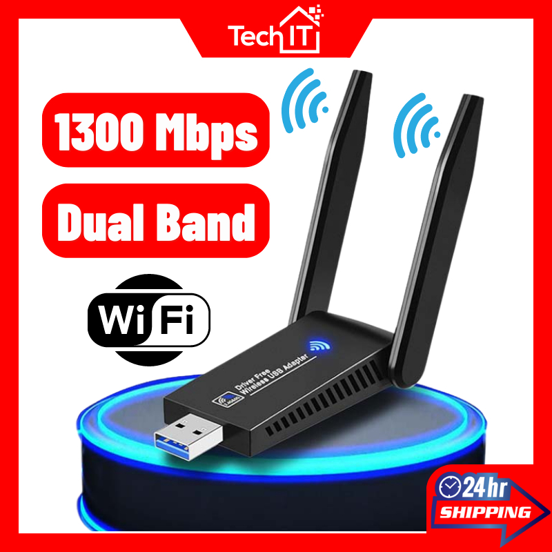 Adaptor Wifi 1300Mbps Antena Dongle Wifi Nirkabel Jarak Jauh Dual Band 5GHz USB 3.0 untuk Kartu Nirk
