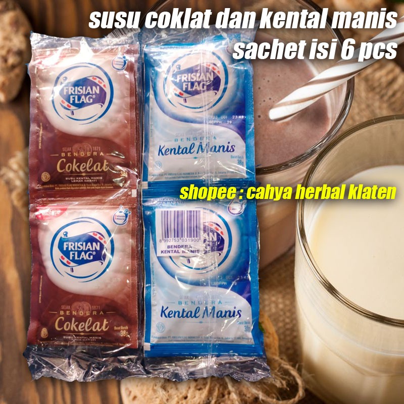 

Susu Bendera Sachet Isi 6pcs Coklat Dan Kental Manis Frisian Flag