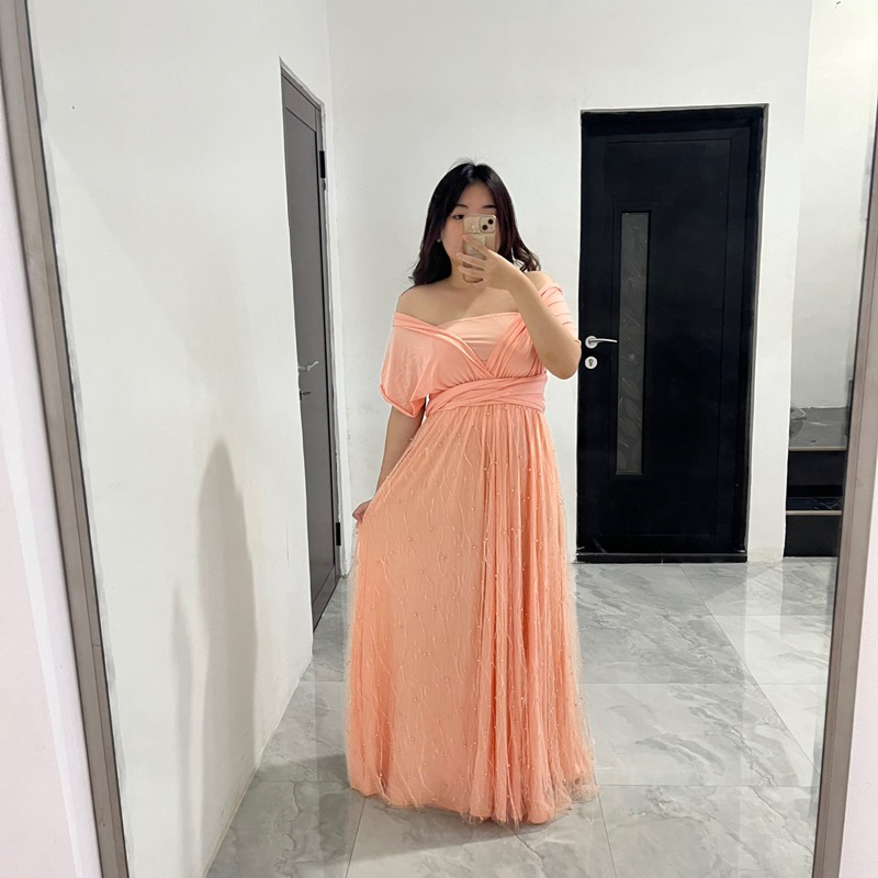 Julie Bridesmaid Bridesmaid Multiway Pearl Dress in Peach Pink PRELOVED - Gaun Bridesmaid Acara Kond