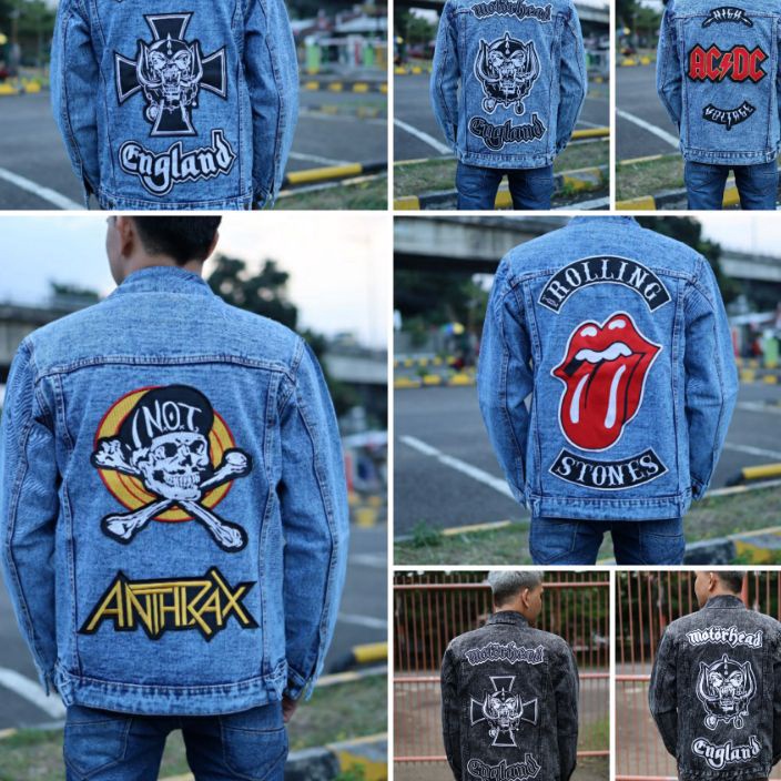 Ready Stock Jaket Jeans Denim Bordir Emblem Pria  Jaket Jeans Bordir Besar  Sandwash Biru Bordir