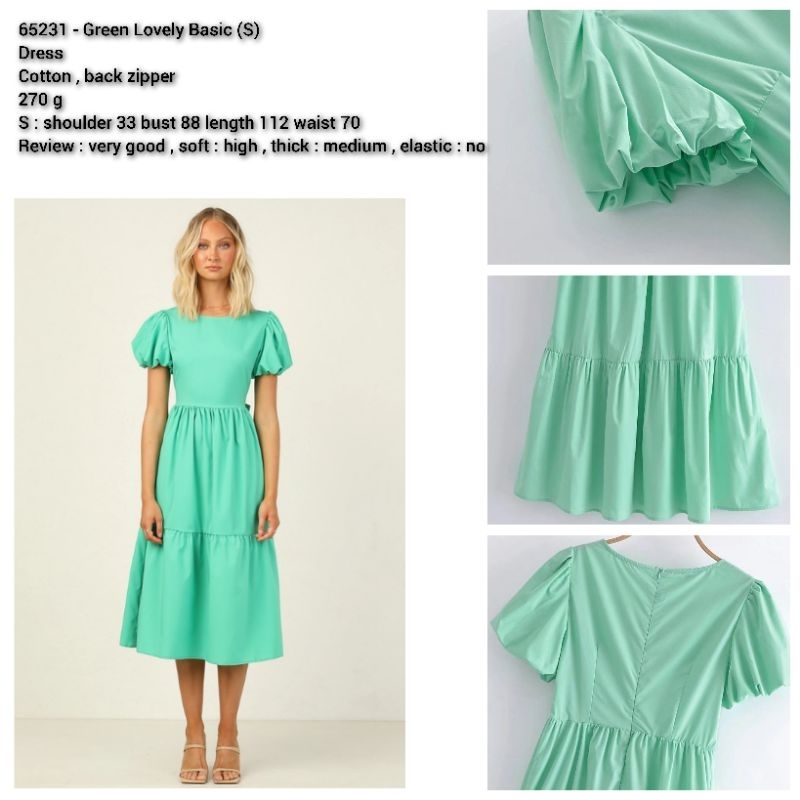 Dress midi hijau polos rempel bawah lengan pendek